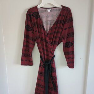 Lularoe Michelle Size L Dark Burgundy Aztec Print  Wrap Dress Belted